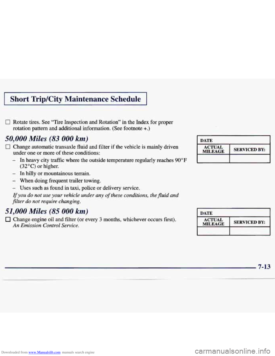 CHEVROLET MALIBU 1998  Owners Manual Downloaded from www.Manualslib.com manuals search engine I Short TripKity  Maintenance  Schedule I 
0 Rotate tires. See “Tire  Inspection  and  Rotation” in the Index for proper 
rotation  pattern