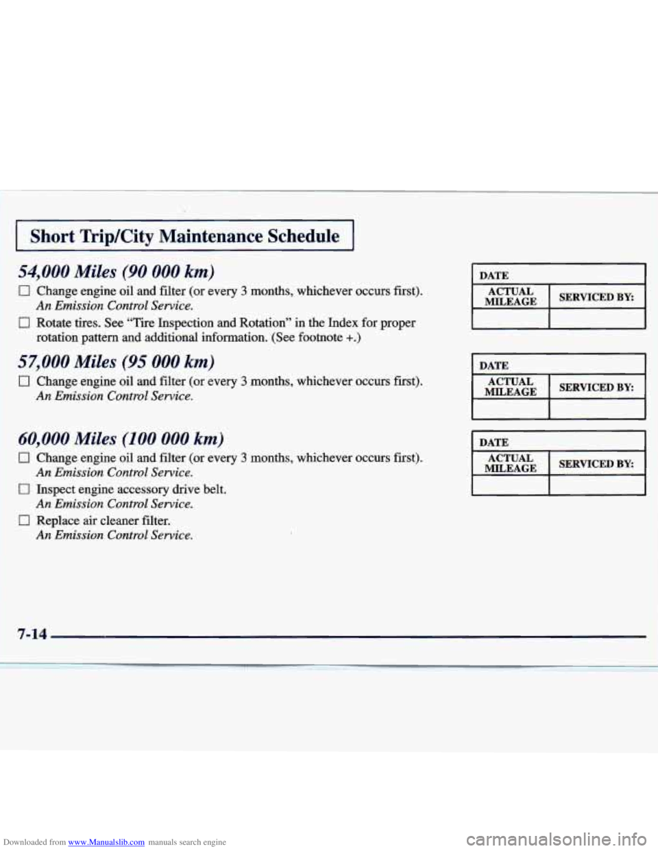 CHEVROLET MALIBU 1998  Owners Manual Downloaded from www.Manualslib.com manuals search engine Short  TripKity  Maintenance  Schedule 
54,000 Miles (90 000 km) 
0 Change  engine oil and  filter  (or  every 3 months,  whichever  occurs  fi