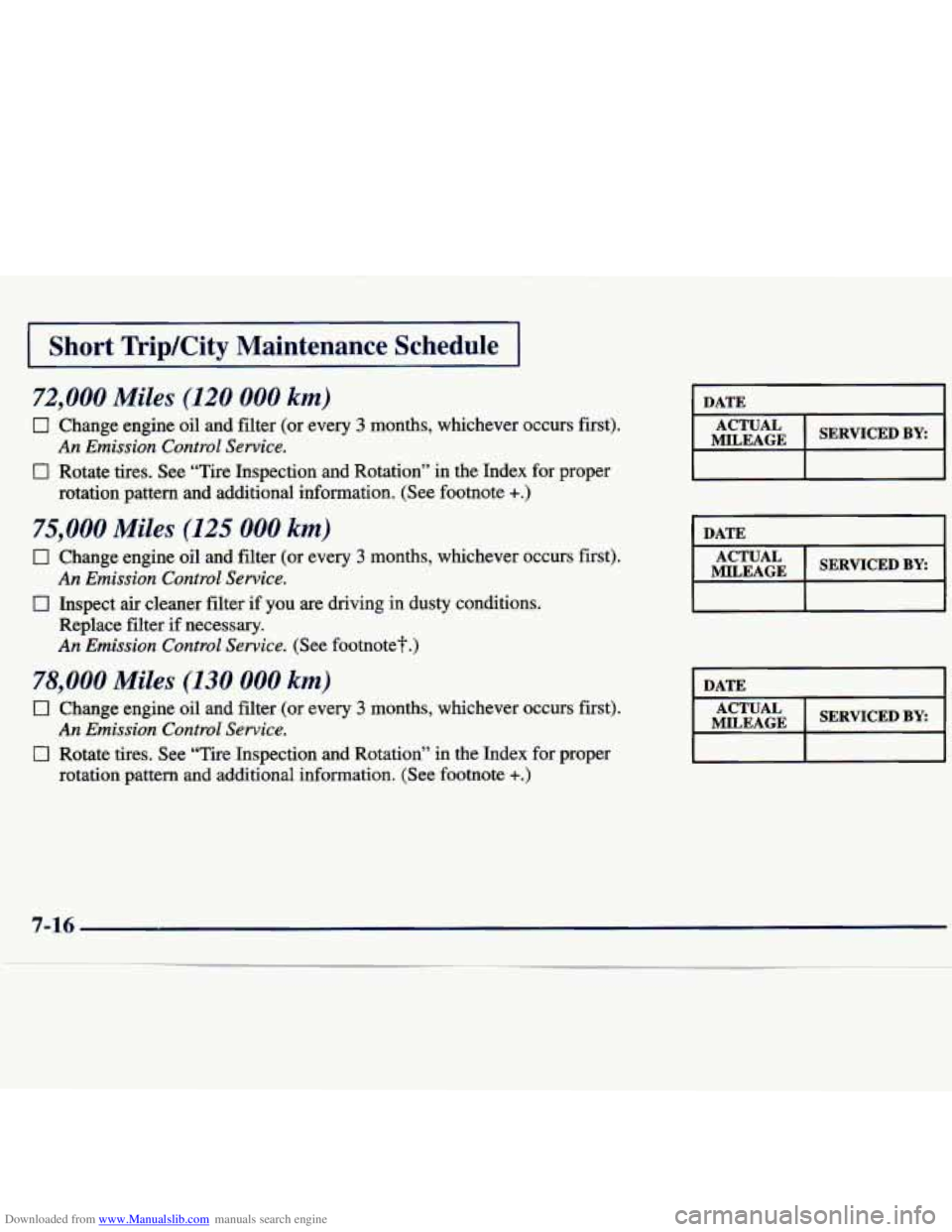 CHEVROLET MALIBU 1998  Owners Manual Downloaded from www.Manualslib.com manuals search engine I Short Trip/City Maintenance  Schedule 
72,000 Miles (120 000 km) 
0 Change engine oil and filter  (or  every 3 months,  whichever  occurs  fi