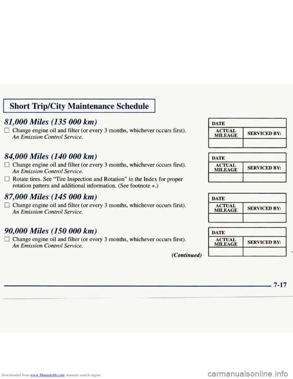 CHEVROLET MALIBU 1998  Owners Manual Downloaded from www.Manualslib.com manuals search engine I Short  Trip/City  Maintenance  Schedule I 
81,000 Miles (135 000 km) 
0 Change engine oil  and filter  (or every 3 months,  whichever  occurs