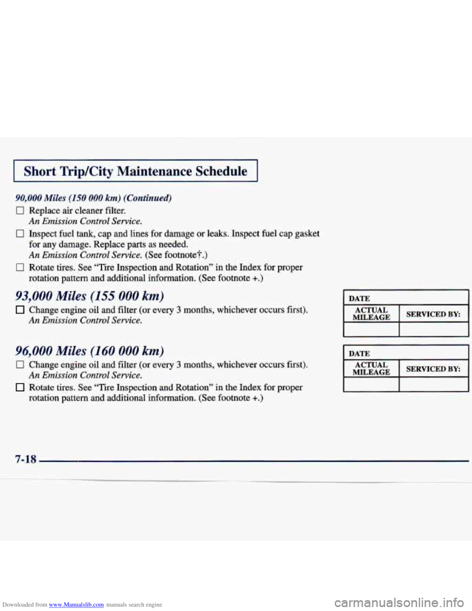 CHEVROLET MALIBU 1998  Owners Manual Downloaded from www.Manualslib.com manuals search engine 1 Short TripKity Maintenance Schedule I 
90,000 Miles (150 000 km) (Continued) 
17 Replace  air  cleaner  fiiter. 
El Inspect  fuel  tank, cap 