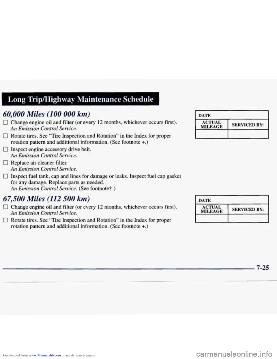 CHEVROLET MALIBU 1998 Owners Manual Downloaded from www.Manualslib.com manuals search engine I Long Trip/Highway Maintenance Schedule 1
60,000 Miles (100 000 km)
0 Change engine oil and filter (or every 12 months, whichever occurs fi CHEVROLET MALIBU 1998 Owners Manual Downloaded from www.Manualslib.com manuals search engine I Long Trip/Highway Maintenance Schedule 1
60,000 Miles (100 000 km)
0 Change engine oil and filter (or every 12 months, whichever occurs fi