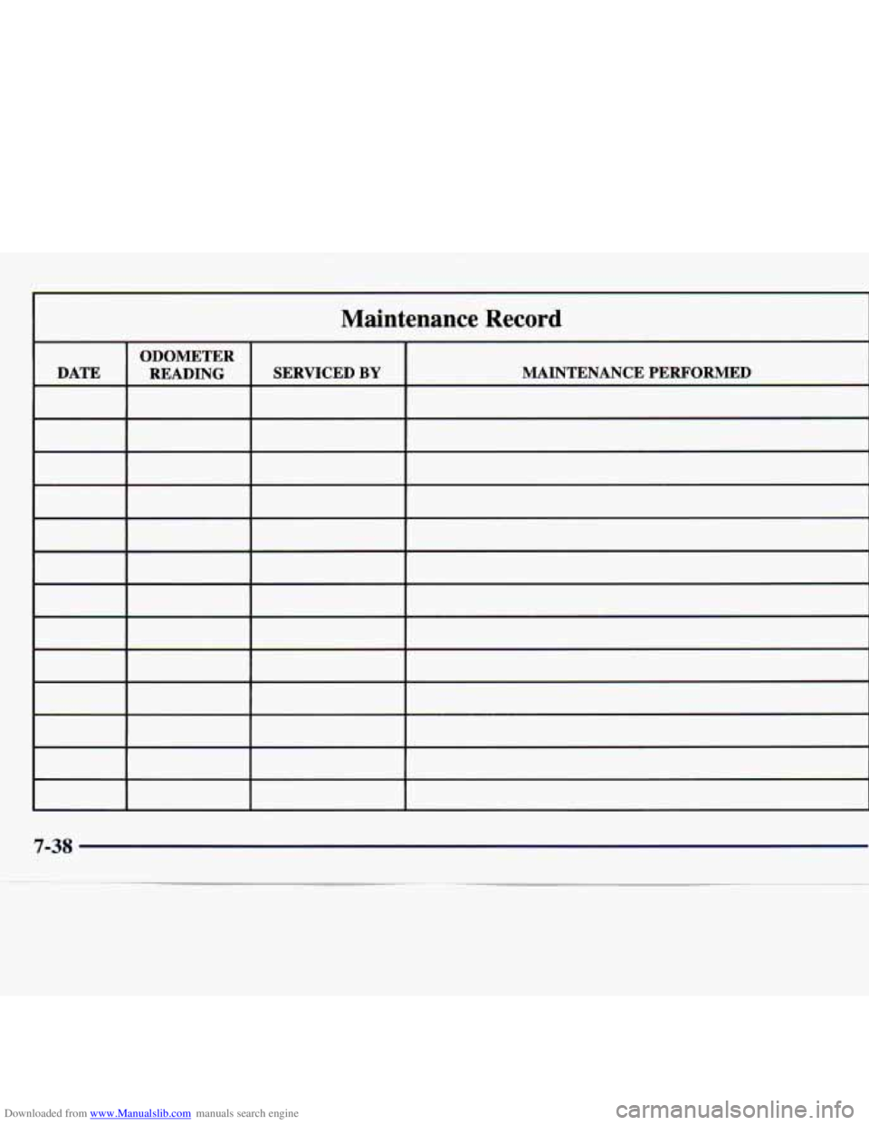CHEVROLET MALIBU 1998 Owners Manual Downloaded from www.Manualslib.com manuals search engine I
Maintenance Record
7-38 CHEVROLET MALIBU 1998 Owners Manual Downloaded from www.Manualslib.com manuals search engine I
Maintenance Record
7-38