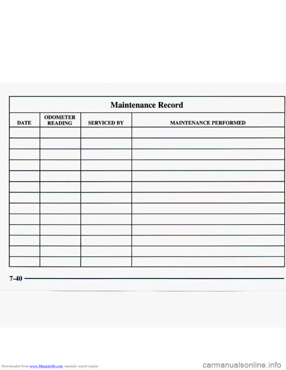 CHEVROLET MALIBU 1998 Owners Manual Downloaded from www.Manualslib.com manuals search engine Maintenance Record
7-40 CHEVROLET MALIBU 1998 Owners Manual Downloaded from www.Manualslib.com manuals search engine Maintenance Record
7-40