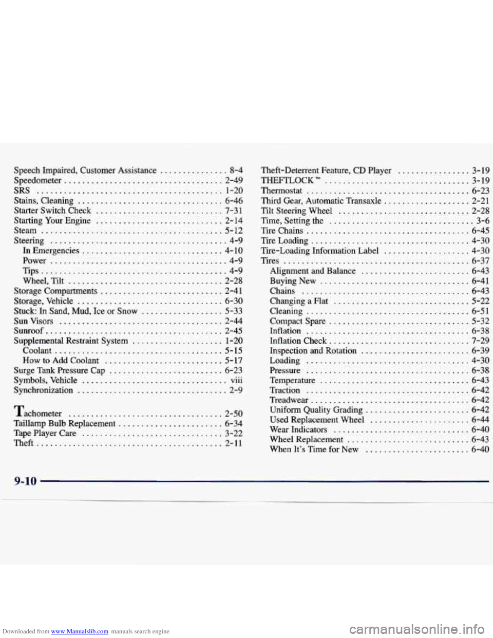 CHEVROLET MALIBU 1998  Owners Manual Downloaded from www.Manualslib.com manuals search engine Speech  Impaired.  Customer  Assistance ............... 8-4 
Speedometer 
................................... 2-49 
SRS .......................