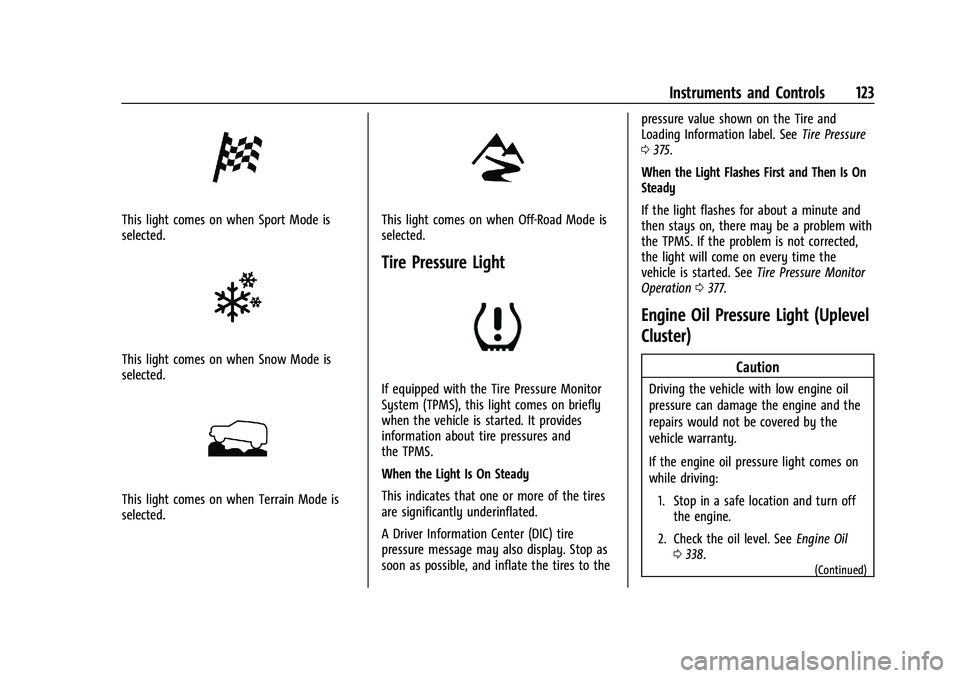 CHEVROLET SILVERADO 1500 2023 Owners Manual Chevrolet Silverado 1500 Owner Manual (GMNA-Localizing-U.S./Canada/
Mexico/Paraguay-16515119) - 2023 - CRC - 6/2/22
Instruments and Controls 123
This light comes on when Sport Mode is
selected.
This l CHEVROLET SILVERADO 1500 2023 Owners Manual Chevrolet Silverado 1500 Owner Manual (GMNA-Localizing-U.S./Canada/
Mexico/Paraguay-16515119) - 2023 - CRC - 6/2/22
Instruments and Controls 123
This light comes on when Sport Mode is
selected.
This l
