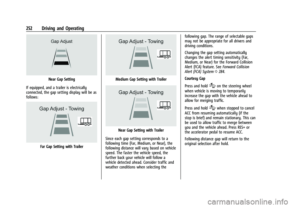CHEVROLET SILVERADO 1500 2023 Owners Manual Chevrolet Silverado 1500 Owner Manual (GMNA-Localizing-U.S./Canada/
Mexico/Paraguay-16515119) - 2023 - CRC - 6/2/22
252 Driving and Operating
Near Gap Setting
If equipped, and a trailer is electricall CHEVROLET SILVERADO 1500 2023 Owners Manual Chevrolet Silverado 1500 Owner Manual (GMNA-Localizing-U.S./Canada/
Mexico/Paraguay-16515119) - 2023 - CRC - 6/2/22
252 Driving and Operating
Near Gap Setting
If equipped, and a trailer is electricall