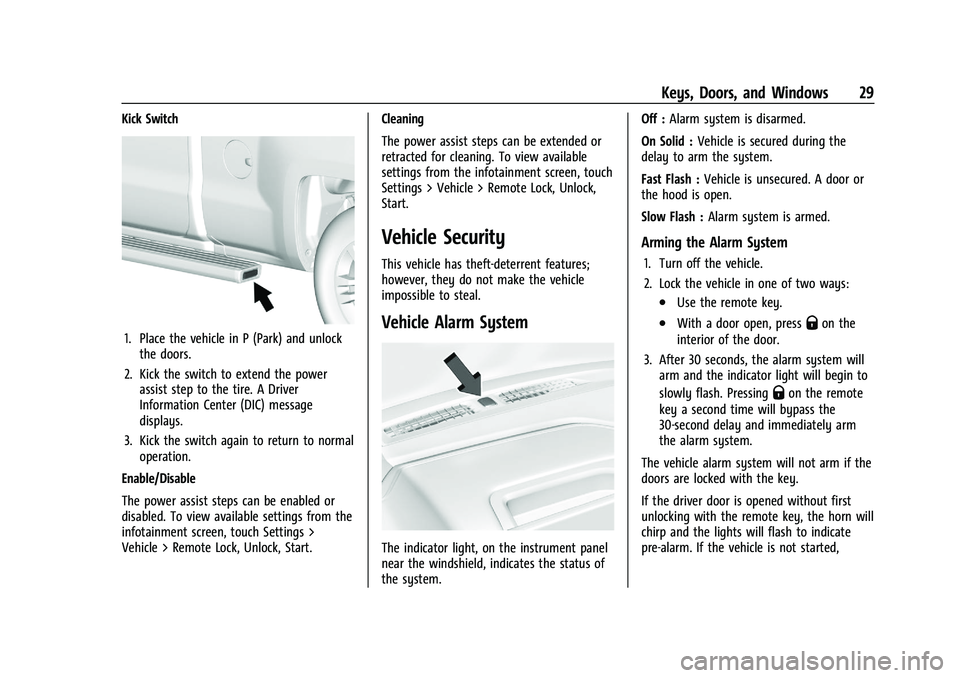 CHEVROLET SILVERADO 1500 2023 Owners Manual Chevrolet Silverado 1500 Owner Manual (GMNA-Localizing-U.S./Canada/
Mexico/Paraguay-16515119) - 2023 - CRC - 6/2/22
Keys, Doors, and Windows 29
Kick Switch
1. Place the vehicle in P (Park) and unlockt