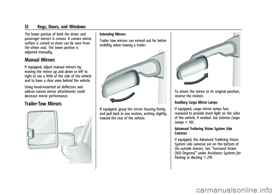 CHEVROLET SILVERADO 1500 2023 Owners Guide Chevrolet Silverado 1500 Owner Manual (GMNA-Localizing-U.S./Canada/
Mexico/Paraguay-16515119) - 2023 - CRC - 6/2/22
32 Keys, Doors, and Windows
The lower portion of both the driver and
passenger mirro CHEVROLET SILVERADO 1500 2023 Owners Guide Chevrolet Silverado 1500 Owner Manual (GMNA-Localizing-U.S./Canada/
Mexico/Paraguay-16515119) - 2023 - CRC - 6/2/22
32 Keys, Doors, and Windows
The lower portion of both the driver and
passenger mirro
