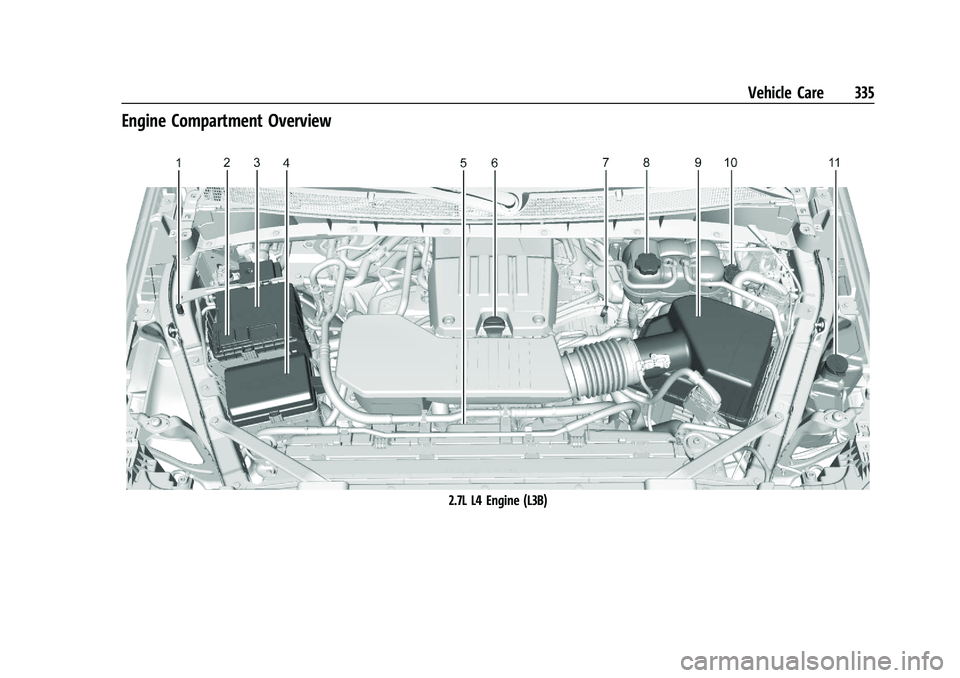 CHEVROLET SILVERADO 1500 2023 Owners Manual Chevrolet Silverado 1500 Owner Manual (GMNA-Localizing-U.S./Canada/
Mexico/Paraguay-16515119) - 2023 - CRC - 6/2/22
Vehicle Care 335
Engine Compartment Overview
2.7L L4 Engine (L3B) CHEVROLET SILVERADO 1500 2023 Owners Manual Chevrolet Silverado 1500 Owner Manual (GMNA-Localizing-U.S./Canada/
Mexico/Paraguay-16515119) - 2023 - CRC - 6/2/22
Vehicle Care 335
Engine Compartment Overview
2.7L L4 Engine (L3B)