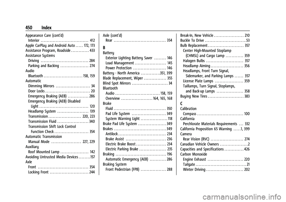 CHEVROLET SILVERADO 1500 2023  Owners Manual Chevrolet Silverado 1500 Owner Manual (GMNA-Localizing-U.S./Canada/-
Mexico/Paraguay-16515119) - 2023 - CRC - 6/2/22
450 Index
Appearance Care (cont'd)Interior . . . . . . . . . . . . . . . . . . 