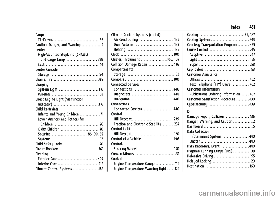 CHEVROLET SILVERADO 1500 2023  Owners Manual Chevrolet Silverado 1500 Owner Manual (GMNA-Localizing-U.S./Canada/-
Mexico/Paraguay-16515119) - 2023 - CRC - 6/2/22
Index 451
CargoTie-Downs . . . . . . . . . . . . . . . . . . . . . . . . . . . . . 