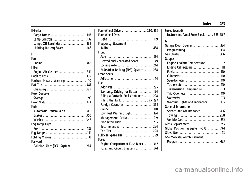 CHEVROLET SILVERADO 1500 2023  Owners Manual Chevrolet Silverado 1500 Owner Manual (GMNA-Localizing-U.S./Canada/-
Mexico/Paraguay-16515119) - 2023 - CRC - 6/2/22
Index 453
ExteriorCargo Lamps . . . . . . . . . . . . . . . . . . . . . . . . . . .