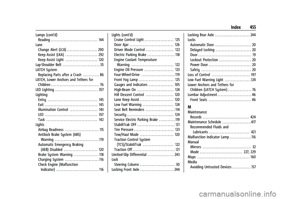 CHEVROLET SILVERADO 1500 2023  Owners Manual Chevrolet Silverado 1500 Owner Manual (GMNA-Localizing-U.S./Canada/-
Mexico/Paraguay-16515119) - 2023 - CRC - 6/2/22
Index 455
Lamps (cont'd)Reading . . . . . . . . . . . . . . . . . . . . . . . .