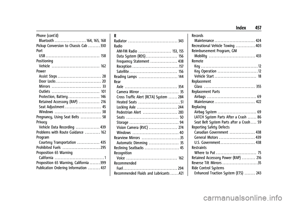 CHEVROLET SILVERADO 1500 2023  Owners Manual Chevrolet Silverado 1500 Owner Manual (GMNA-Localizing-U.S./Canada/-
Mexico/Paraguay-16515119) - 2023 - CRC - 6/2/22
Index 457
Phone (cont'd)Bluetooth . . . . . . . . . . . . . . . . . . . . . 164