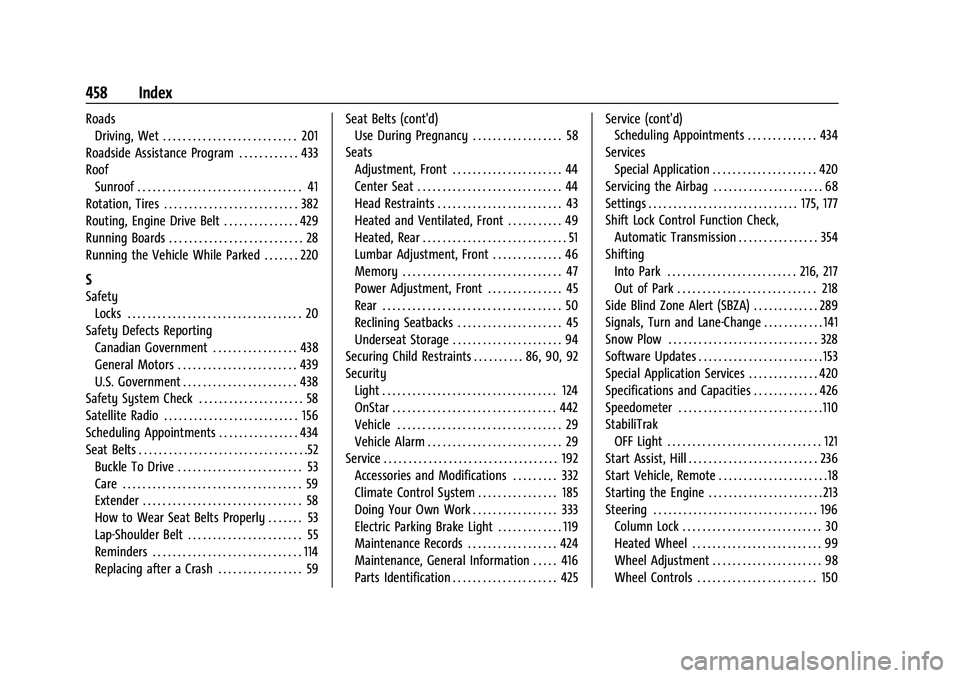 CHEVROLET SILVERADO 1500 2023  Owners Manual Chevrolet Silverado 1500 Owner Manual (GMNA-Localizing-U.S./Canada/-
Mexico/Paraguay-16515119) - 2023 - CRC - 6/2/22
458 Index
RoadsDriving, Wet . . . . . . . . . . . . . . . . . . . . . . . . . . . 2