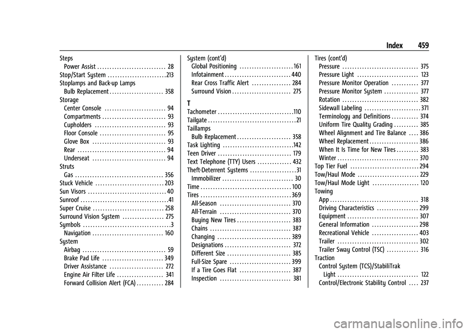 CHEVROLET SILVERADO 1500 2023  Owners Manual Chevrolet Silverado 1500 Owner Manual (GMNA-Localizing-U.S./Canada/-
Mexico/Paraguay-16515119) - 2023 - CRC - 6/2/22
Index 459
StepsPower Assist . . . . . . . . . . . . . . . . . . . . . . . . . . . .