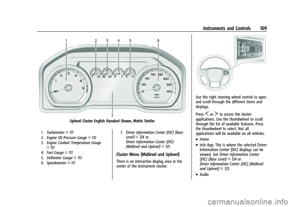 CHEVROLET SILVERADO 2500 2023 Owners Manual Chevrolet Silverado 2500 HD/3500 HD Owner Manual (GMNA-Localizing-U.
S./Canada/Mexico-15546003) - 2022 - CRC - 5/12/21
Instruments and Controls 109
Uplevel Cluster English Standard Shown, Metric Simil CHEVROLET SILVERADO 2500 2023 Owners Manual Chevrolet Silverado 2500 HD/3500 HD Owner Manual (GMNA-Localizing-U.
S./Canada/Mexico-15546003) - 2022 - CRC - 5/12/21
Instruments and Controls 109
Uplevel Cluster English Standard Shown, Metric Simil