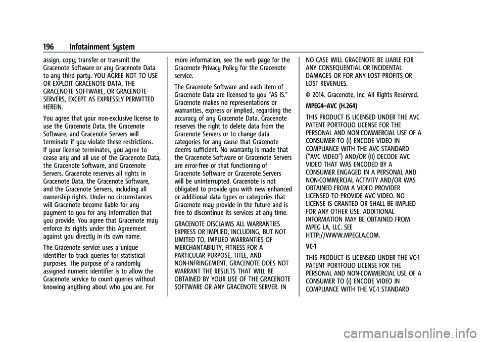 CHEVROLET SILVERADO 2500 2023 Owners Manual Chevrolet Silverado 2500 HD/3500 HD Owner Manual (GMNA-Localizing-U.
S./Canada/Mexico-15546003) - 2022 - CRC - 5/5/21
196 Infotainment System
assign, copy, transfer or transmit the
Gracenote Software CHEVROLET SILVERADO 2500 2023 Owners Manual Chevrolet Silverado 2500 HD/3500 HD Owner Manual (GMNA-Localizing-U.
S./Canada/Mexico-15546003) - 2022 - CRC - 5/5/21
196 Infotainment System
assign, copy, transfer or transmit the
Gracenote Software