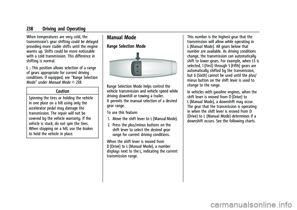 CHEVROLET SILVERADO 2500 2023 Owners Manual Chevrolet Silverado 2500 HD/3500 HD Owner Manual (GMNA-Localizing-U.
S./Canada/Mexico-15546003) - 2022 - CRC - 5/5/21
238 Driving and Operating
When temperatures are very cold, the
transmission's CHEVROLET SILVERADO 2500 2023 Owners Manual Chevrolet Silverado 2500 HD/3500 HD Owner Manual (GMNA-Localizing-U.
S./Canada/Mexico-15546003) - 2022 - CRC - 5/5/21
238 Driving and Operating
When temperatures are very cold, the
transmission's