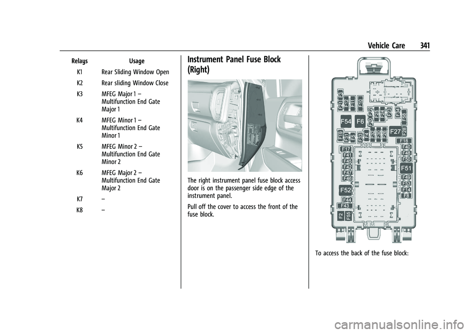 CHEVROLET SILVERADO 2500 2023 Owners Manual Chevrolet Silverado 2500 HD/3500 HD Owner Manual (GMNA-Localizing-U.
S./Canada/Mexico-15546003) - 2022 - CRC - 5/5/21
Vehicle Care 341
RelaysUsage
K1 Rear Sliding Window Open
K2 Rear sliding Window Cl CHEVROLET SILVERADO 2500 2023 Owners Manual Chevrolet Silverado 2500 HD/3500 HD Owner Manual (GMNA-Localizing-U.
S./Canada/Mexico-15546003) - 2022 - CRC - 5/5/21
Vehicle Care 341
RelaysUsage
K1 Rear Sliding Window Open
K2 Rear sliding Window Cl