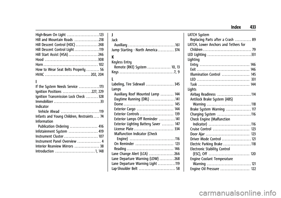 CHEVROLET SILVERADO 2500 2023 Owners Manual Chevrolet Silverado 2500 HD/3500 HD Owner Manual (GMNA-Localizing-U.
S./Canada/Mexico-15546003) - 2022 - CRC - 5/5/21
Index 433
High-Beam On Light . . . . . . . . . . . . . . . . . . . . . . 123
Hill CHEVROLET SILVERADO 2500 2023 Owners Manual Chevrolet Silverado 2500 HD/3500 HD Owner Manual (GMNA-Localizing-U.
S./Canada/Mexico-15546003) - 2022 - CRC - 5/5/21
Index 433
High-Beam On Light . . . . . . . . . . . . . . . . . . . . . . 123
Hill