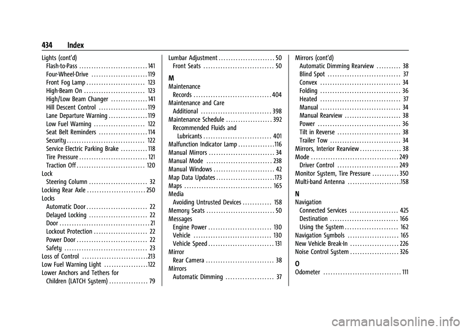 CHEVROLET SILVERADO 2500 2023 Owners Manual Chevrolet Silverado 2500 HD/3500 HD Owner Manual (GMNA-Localizing-U.
S./Canada/Mexico-15546003) - 2022 - CRC - 5/5/21
434 Index
Lights (cont'd)Flash-to-Pass . . . . . . . . . . . . . . . . . . . . CHEVROLET SILVERADO 2500 2023 Owners Manual Chevrolet Silverado 2500 HD/3500 HD Owner Manual (GMNA-Localizing-U.
S./Canada/Mexico-15546003) - 2022 - CRC - 5/5/21
434 Index
Lights (cont'd)Flash-to-Pass . . . . . . . . . . . . . . . . . . . .