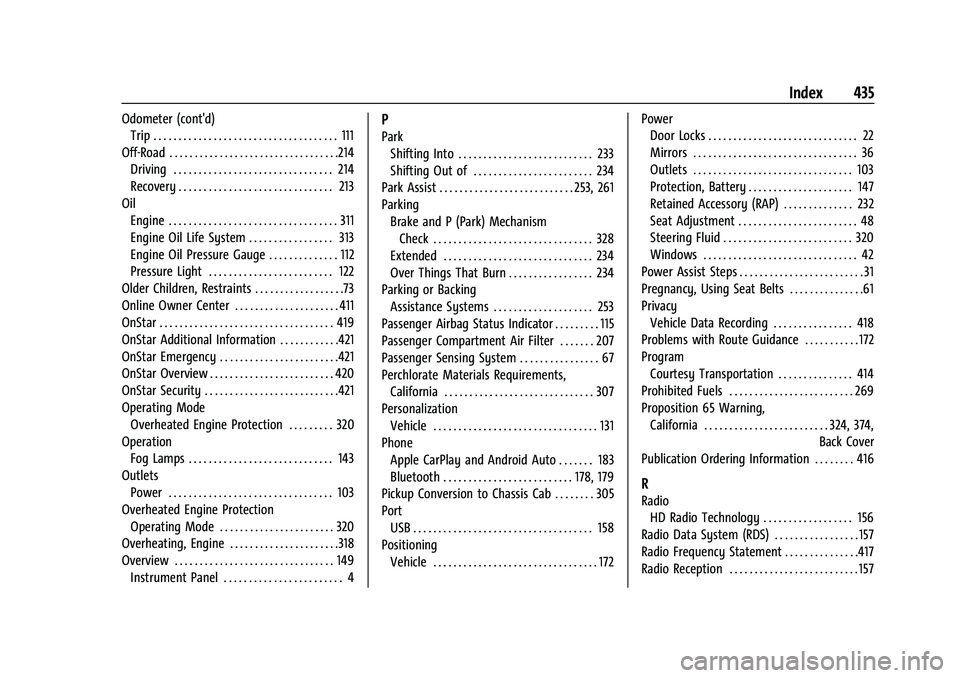 CHEVROLET SILVERADO 2500 2023 Owners Manual Chevrolet Silverado 2500 HD/3500 HD Owner Manual (GMNA-Localizing-U.
S./Canada/Mexico-15546003) - 2022 - CRC - 5/5/21
Index 435
Odometer (cont'd)Trip . . . . . . . . . . . . . . . . . . . . . . . CHEVROLET SILVERADO 2500 2023 Owners Manual Chevrolet Silverado 2500 HD/3500 HD Owner Manual (GMNA-Localizing-U.
S./Canada/Mexico-15546003) - 2022 - CRC - 5/5/21
Index 435
Odometer (cont'd)Trip . . . . . . . . . . . . . . . . . . . . . . .