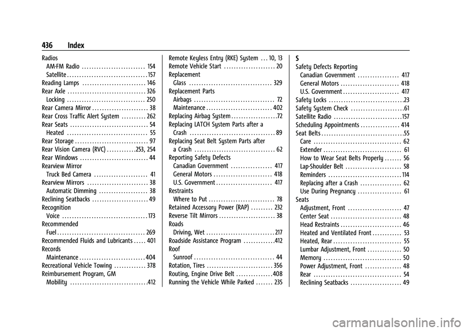 CHEVROLET SILVERADO 2500 2023 Owners Manual Chevrolet Silverado 2500 HD/3500 HD Owner Manual (GMNA-Localizing-U.
S./Canada/Mexico-15546003) - 2022 - CRC - 5/5/21
436 Index
RadiosAM-FM Radio . . . . . . . . . . . . . . . . . . . . . . . . . . 15 CHEVROLET SILVERADO 2500 2023 Owners Manual Chevrolet Silverado 2500 HD/3500 HD Owner Manual (GMNA-Localizing-U.
S./Canada/Mexico-15546003) - 2022 - CRC - 5/5/21
436 Index
RadiosAM-FM Radio . . . . . . . . . . . . . . . . . . . . . . . . . . 15