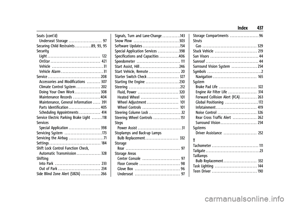 CHEVROLET SILVERADO 2500 2023  Owners Manual Chevrolet Silverado 2500 HD/3500 HD Owner Manual (GMNA-Localizing-U.
S./Canada/Mexico-15546003) - 2022 - CRC - 5/5/21
Index 437
Seats (cont'd)Underseat Storage . . . . . . . . . . . . . . . . . . 