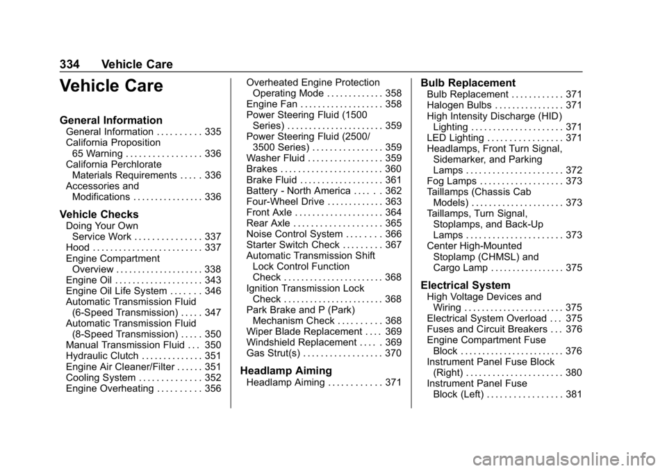 CHEVROLET SILVERADO 1500 Z71 2018  Owners Manual Chevrolet Silverado Owner Manual (GMNA-Localizing-U.S./Canada/Mexico-
11349200) - 2018 - CRC - 2/27/18
334 Vehicle Care
Vehicle Care
General Information
General Information . . . . . . . . . . 335
Cal