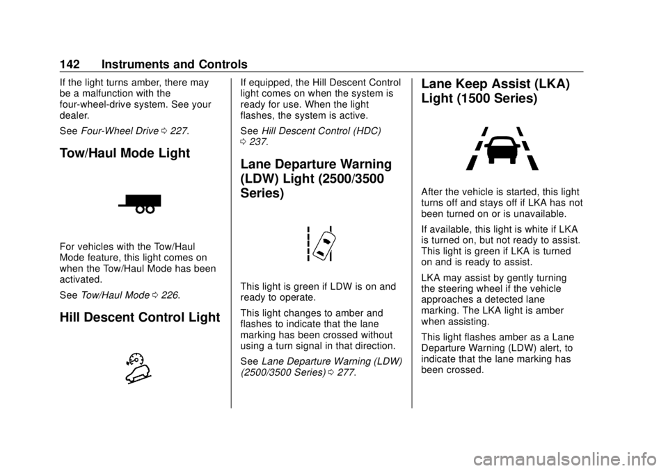 CHEVROLET SILVERADO 2500 2020 Owners Manual Chevrolet Silverado Owner Manual (GMNA-Localizing-U.S./Canada/Mexico-
13337620) - 2020 - CRC - 4/2/19
142 Instruments and Controls
If the light turns amber, there may
be a malfunction with the
four-wh CHEVROLET SILVERADO 2500 2020 Owners Manual Chevrolet Silverado Owner Manual (GMNA-Localizing-U.S./Canada/Mexico-
13337620) - 2020 - CRC - 4/2/19
142 Instruments and Controls
If the light turns amber, there may
be a malfunction with the
four-wh