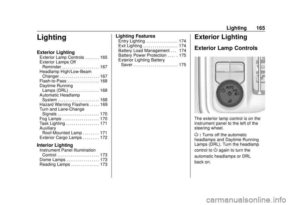 CHEVROLET SILVERADO 2500 2020 Owners Manual Chevrolet Silverado Owner Manual (GMNA-Localizing-U.S./Canada/Mexico-
13337620) - 2020 - CRC - 4/2/19
Lighting 165
Lighting
Exterior Lighting
Exterior Lamp Controls . . . . . . . 165
Exterior Lamps Of CHEVROLET SILVERADO 2500 2020 Owners Manual Chevrolet Silverado Owner Manual (GMNA-Localizing-U.S./Canada/Mexico-
13337620) - 2020 - CRC - 4/2/19
Lighting 165
Lighting
Exterior Lighting
Exterior Lamp Controls . . . . . . . 165
Exterior Lamps Of