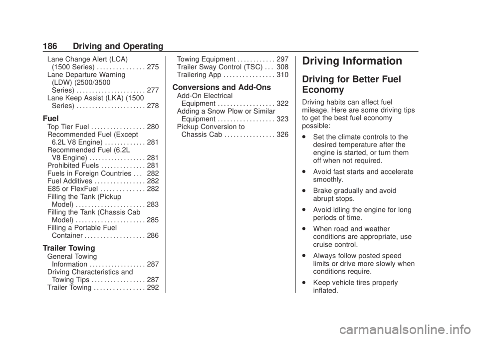 CHEVROLET SILVERADO 2500 2020 Owners Manual Chevrolet Silverado Owner Manual (GMNA-Localizing-U.S./Canada/Mexico-
13337620) - 2020 - CRC - 4/11/19
186 Driving and Operating
Lane Change Alert (LCA)(1500 Series) . . . . . . . . . . . . . . . 275
CHEVROLET SILVERADO 2500 2020 Owners Manual Chevrolet Silverado Owner Manual (GMNA-Localizing-U.S./Canada/Mexico-
13337620) - 2020 - CRC - 4/11/19
186 Driving and Operating
Lane Change Alert (LCA)(1500 Series) . . . . . . . . . . . . . . . 275