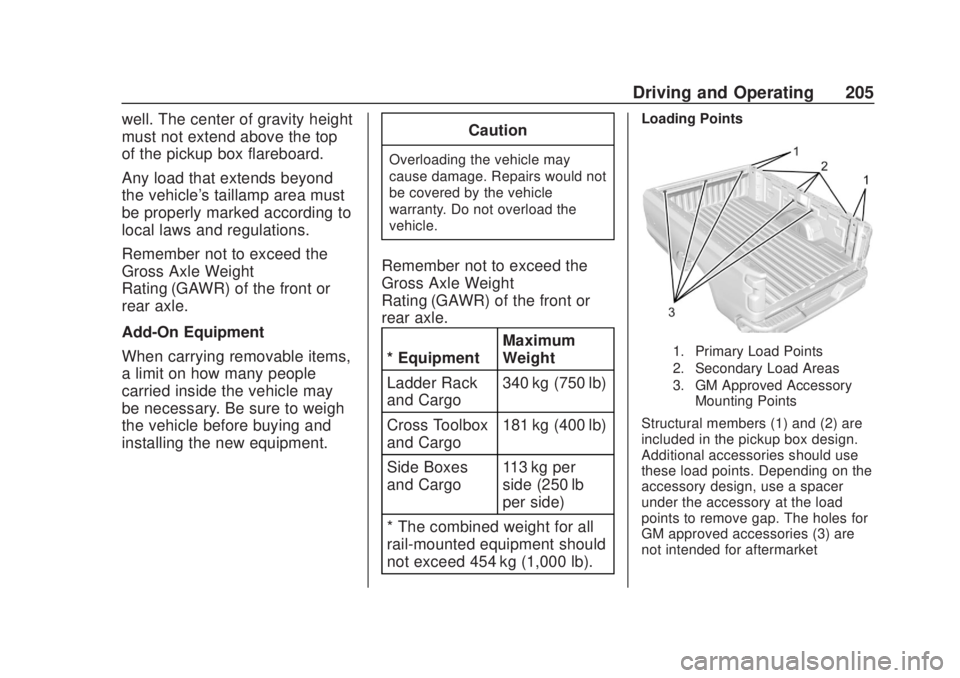 CHEVROLET SILVERADO 2500 2020 Owners Manual Chevrolet Silverado Owner Manual (GMNA-Localizing-U.S./Canada/Mexico-
13337620) - 2020 - CRC - 4/11/19
Driving and Operating 205
well. The center of gravity height
must not extend above the top
of the CHEVROLET SILVERADO 2500 2020 Owners Manual Chevrolet Silverado Owner Manual (GMNA-Localizing-U.S./Canada/Mexico-
13337620) - 2020 - CRC - 4/11/19
Driving and Operating 205
well. The center of gravity height
must not extend above the top
of the