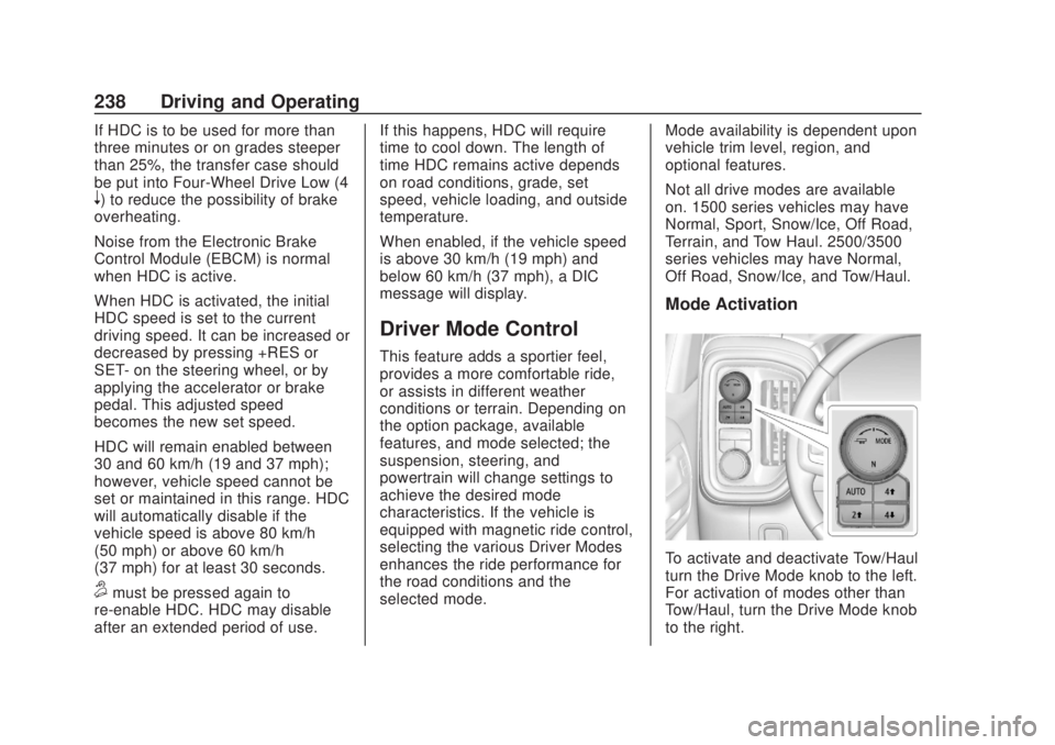 CHEVROLET SILVERADO 2500 2020 Owners Manual Chevrolet Silverado Owner Manual (GMNA-Localizing-U.S./Canada/Mexico-
13337620) - 2020 - CRC - 4/11/19
238 Driving and Operating
If HDC is to be used for more than
three minutes or on grades steeper
t CHEVROLET SILVERADO 2500 2020 Owners Manual Chevrolet Silverado Owner Manual (GMNA-Localizing-U.S./Canada/Mexico-
13337620) - 2020 - CRC - 4/11/19
238 Driving and Operating
If HDC is to be used for more than
three minutes or on grades steeper
t