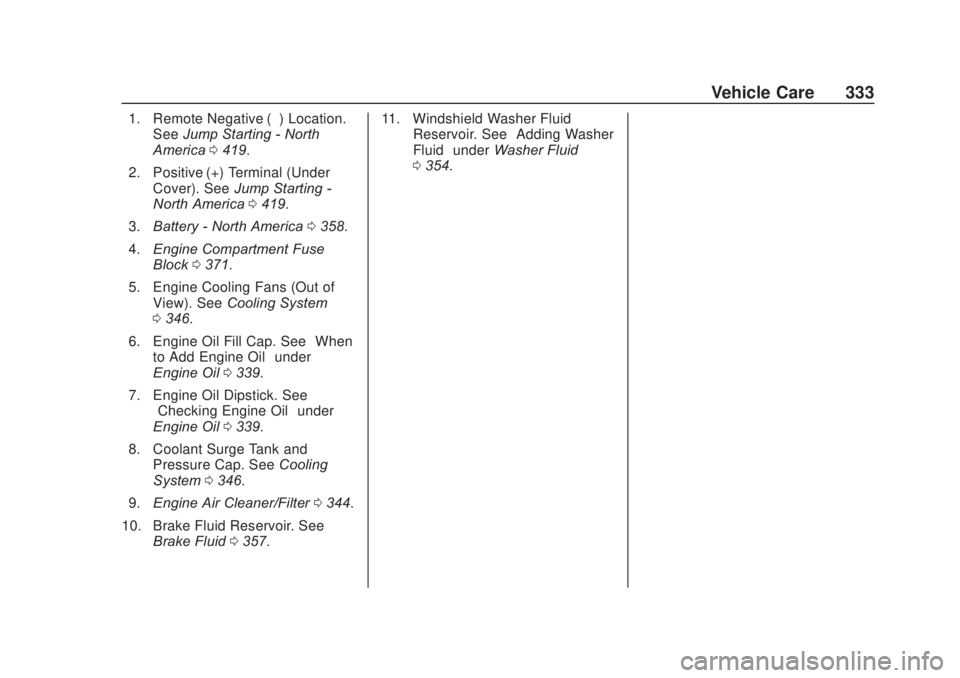 CHEVROLET SILVERADO 2500 2020 Owners Manual Chevrolet Silverado Owner Manual (GMNA-Localizing-U.S./Canada/Mexico-
13337620) - 2020 - CRC - 4/10/19
Vehicle Care 333
1. Remote Negative (–) Location.See Jump Starting - North
America 0419.
2. Pos CHEVROLET SILVERADO 2500 2020 Owners Manual Chevrolet Silverado Owner Manual (GMNA-Localizing-U.S./Canada/Mexico-
13337620) - 2020 - CRC - 4/10/19
Vehicle Care 333
1. Remote Negative (–) Location.See Jump Starting - North
America 0419.
2. Pos