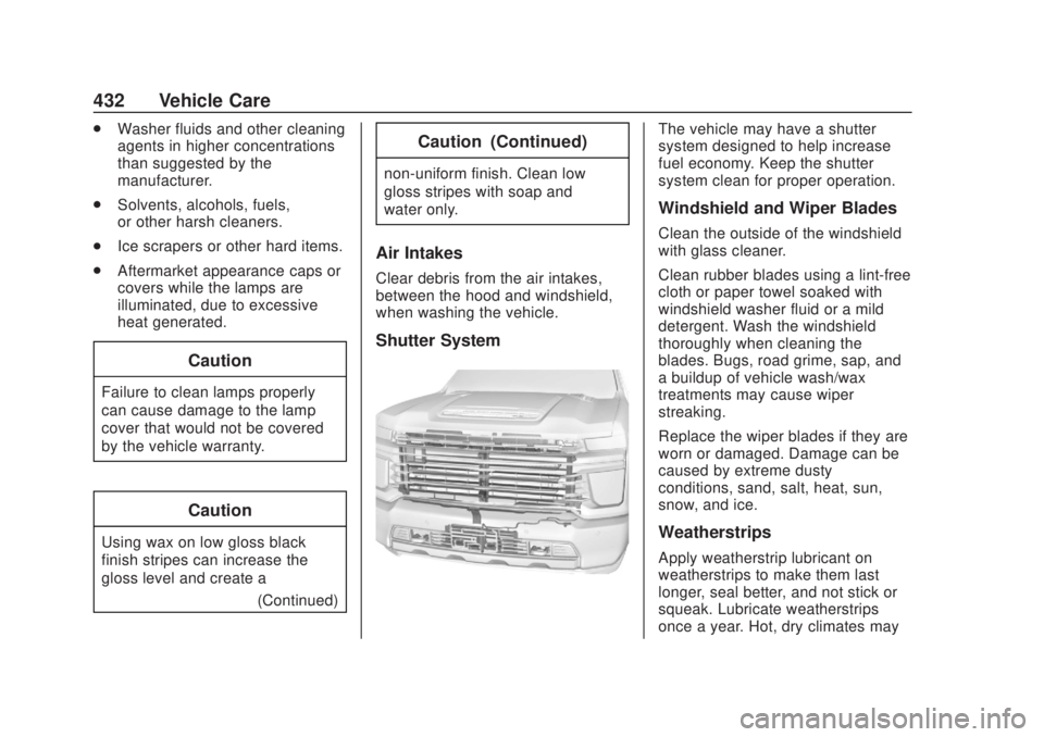 CHEVROLET SILVERADO 2500 2020 Owners Manual Chevrolet Silverado Owner Manual (GMNA-Localizing-U.S./Canada/Mexico-
13337620) - 2020 - CRC - 4/10/19
432 Vehicle Care
.Washer fluids and other cleaning
agents in higher concentrations
than suggested CHEVROLET SILVERADO 2500 2020 Owners Manual Chevrolet Silverado Owner Manual (GMNA-Localizing-U.S./Canada/Mexico-
13337620) - 2020 - CRC - 4/10/19
432 Vehicle Care
.Washer fluids and other cleaning
agents in higher concentrations
than suggested