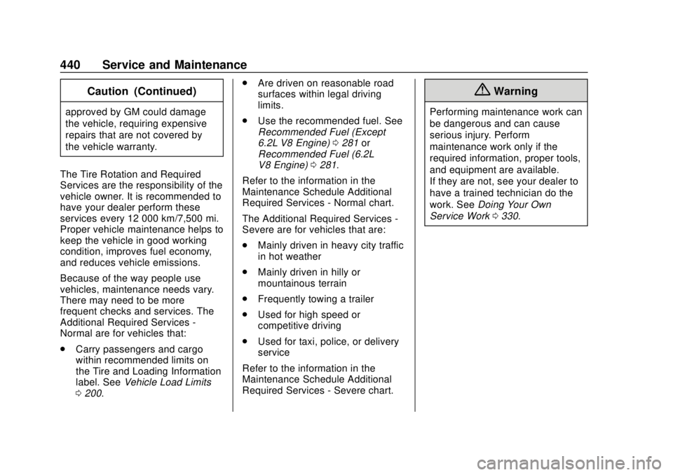 CHEVROLET SILVERADO 2500 2020 Owners Manual Chevrolet Silverado Owner Manual (GMNA-Localizing-U.S./Canada/Mexico-
13337620) - 2020 - CRC - 4/2/19
440 Service and Maintenance
Caution (Continued)
approved by GM could damage
the vehicle, requiring CHEVROLET SILVERADO 2500 2020 Owners Manual Chevrolet Silverado Owner Manual (GMNA-Localizing-U.S./Canada/Mexico-
13337620) - 2020 - CRC - 4/2/19
440 Service and Maintenance
Caution (Continued)
approved by GM could damage
the vehicle, requiring