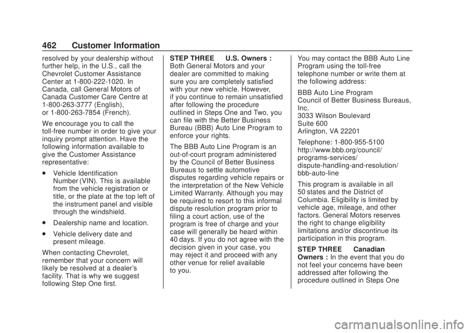 CHEVROLET SILVERADO 2500 2020 Owners Manual Chevrolet Silverado Owner Manual (GMNA-Localizing-U.S./Canada/Mexico-
13337620) - 2020 - CRC - 4/10/19
462 Customer Information
resolved by your dealership without
further help, in the U.S., call the
CHEVROLET SILVERADO 2500 2020 Owners Manual Chevrolet Silverado Owner Manual (GMNA-Localizing-U.S./Canada/Mexico-
13337620) - 2020 - CRC - 4/10/19
462 Customer Information
resolved by your dealership without
further help, in the U.S., call the