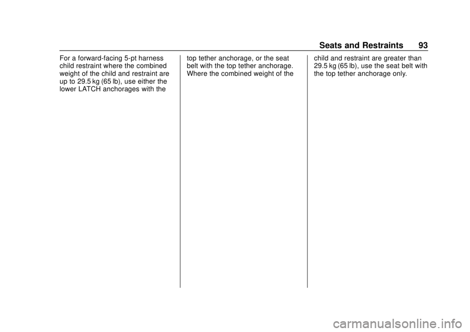 CHEVROLET SILVERADO 2500 2020 Owners Manual Chevrolet Silverado Owner Manual (GMNA-Localizing-U.S./Canada/Mexico-
13337620) - 2020 - CRC - 4/2/19
Seats and Restraints 93
For a forward-facing 5-pt harness
child restraint where the combined
weigh CHEVROLET SILVERADO 2500 2020 Owners Manual Chevrolet Silverado Owner Manual (GMNA-Localizing-U.S./Canada/Mexico-
13337620) - 2020 - CRC - 4/2/19
Seats and Restraints 93
For a forward-facing 5-pt harness
child restraint where the combined
weigh
