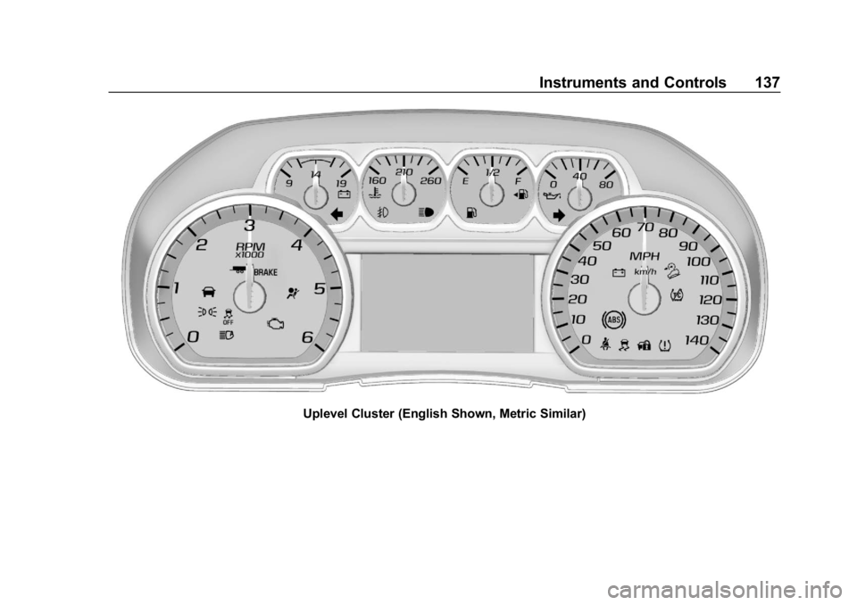 CHEVROLET SILVERADO 2500 2018 Owners Manual Chevrolet Silverado LD 1500 and Silverado 2500/3500 Owner Manual (GMNA-
Localizing-U.S./Canada-12162993) - 2019 - crc - 4/4/18
Instruments and Controls 137
Uplevel Cluster (English Shown, Metric Simil CHEVROLET SILVERADO 2500 2018 Owners Manual Chevrolet Silverado LD 1500 and Silverado 2500/3500 Owner Manual (GMNA-
Localizing-U.S./Canada-12162993) - 2019 - crc - 4/4/18
Instruments and Controls 137
Uplevel Cluster (English Shown, Metric Simil