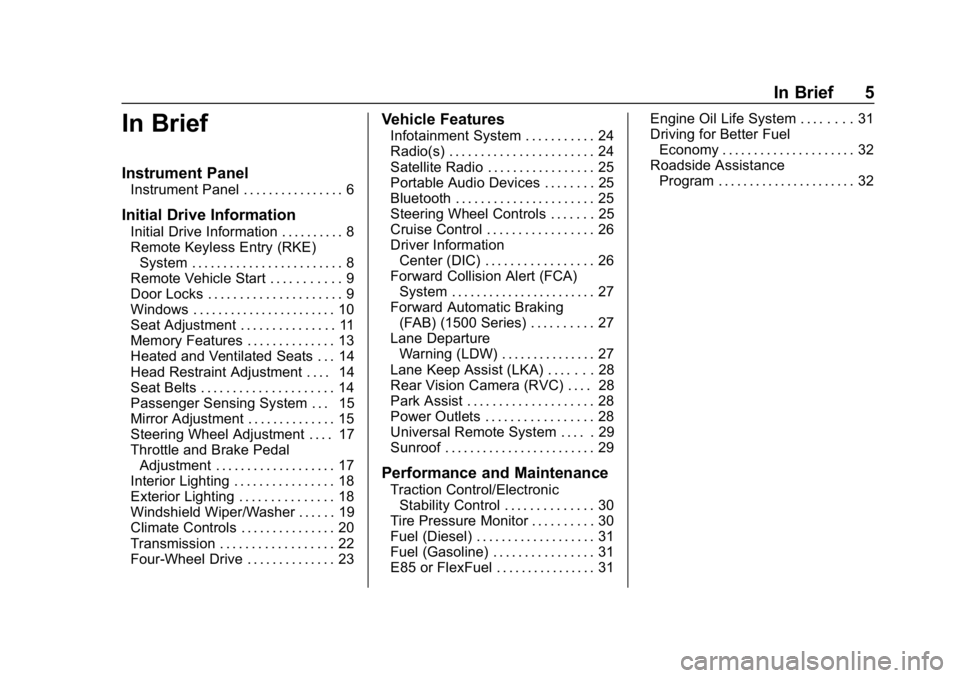 CHEVROLET SILVERADO 2500 2018  Owners Manual Chevrolet Silverado LD 1500 and Silverado 2500/3500 Owner Manual (GMNA-
Localizing-U.S./Canada-12162993) - 2019 - crc - 4/4/18
In Brief 5
In Brief
Instrument Panel
Instrument Panel . . . . . . . . . .