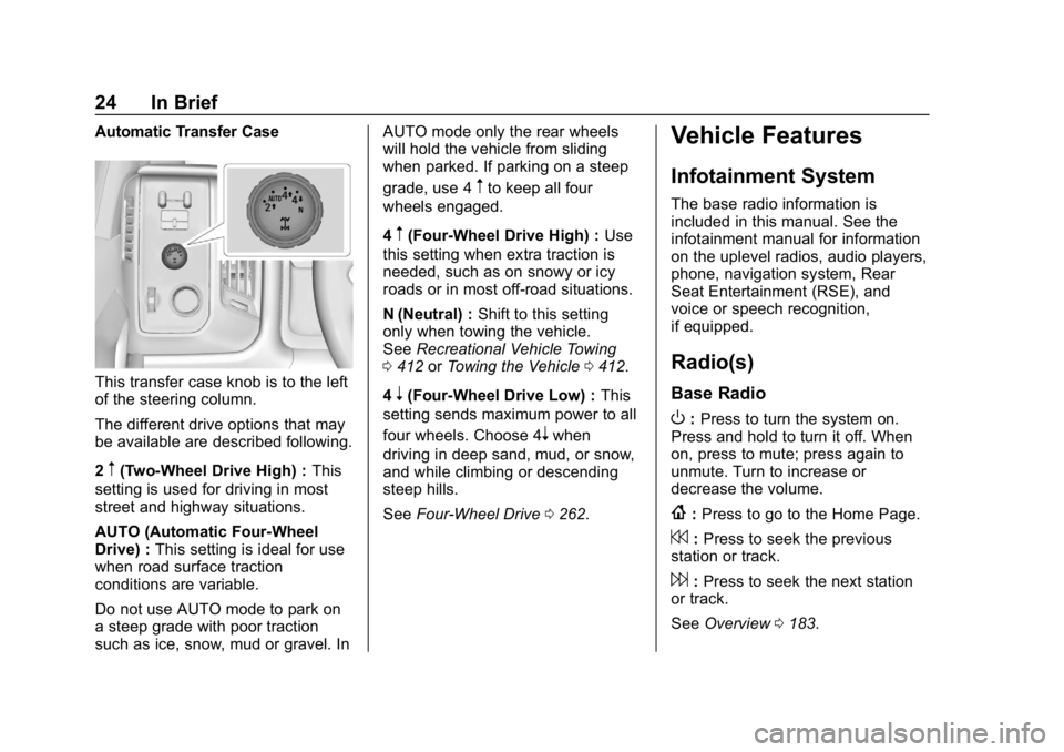 CHEVROLET SILVERADO 2500 2019 Owners Manual Chevrolet Silverado LD 1500 and Silverado 2500/3500 Owner Manual (GMNA-
Localizing-U.S./Canada-12162993) - 2019 - crc - 4/4/18
24 In Brief
Automatic Transfer Case
This transfer case knob is to the lef CHEVROLET SILVERADO 2500 2019 Owners Manual Chevrolet Silverado LD 1500 and Silverado 2500/3500 Owner Manual (GMNA-
Localizing-U.S./Canada-12162993) - 2019 - crc - 4/4/18
24 In Brief
Automatic Transfer Case
This transfer case knob is to the lef