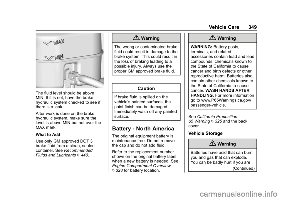 CHEVROLET SILVERADO 2500 2019  Owners Manual Chevrolet Silverado LD 1500 and Silverado 2500/3500 Owner Manual (GMNA-
Localizing-U.S./Canada-12162993) - 2019 - crc - 4/4/18
Vehicle Care 349
The fluid level should be above
MIN. If it is not, have 