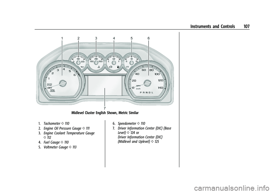 CHEVROLET SILVERADO 1500 2022  Owners Manual Chevrolet Silverado 1500 Owner Manual (GMNA-Localizing-U.S./Canada/
Mexico/Paraguay-14632303) - 2021 - CRC - 11/9/20
Instruments and Controls 107
Midlevel Cluster English Shown, Metric Similar
1.Tacho