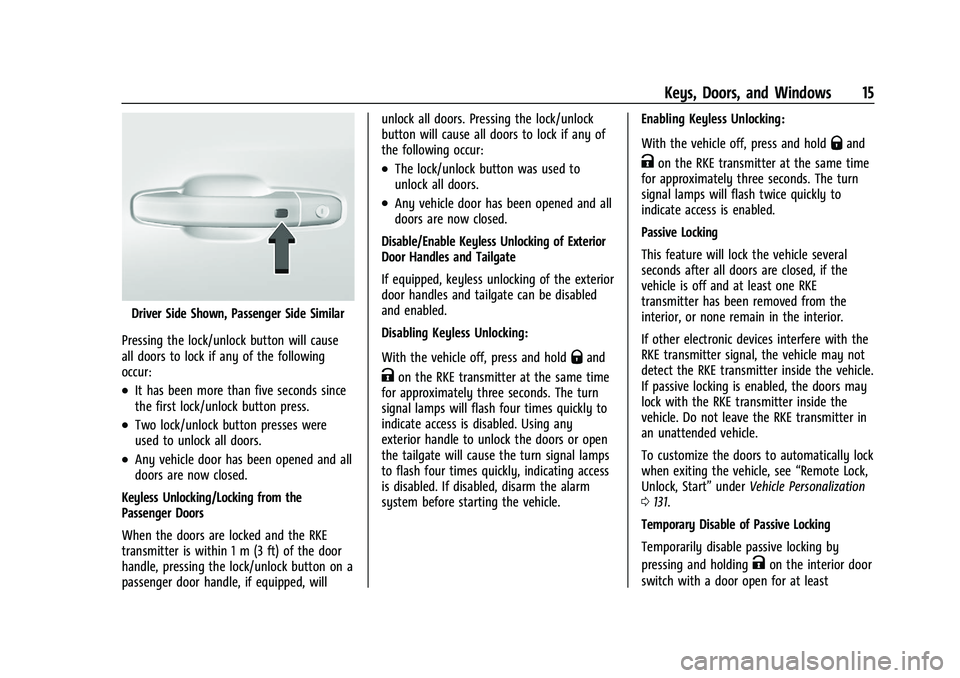 CHEVROLET SILVERADO 1500 2022 User Guide Chevrolet Silverado 1500 Owner Manual (GMNA-Localizing-U.S./Canada/
Mexico/Paraguay-14632303) - 2021 - CRC - 11/9/20
Keys, Doors, and Windows 15
Driver Side Shown, Passenger Side Similar
Pressing the CHEVROLET SILVERADO 1500 2022 User Guide Chevrolet Silverado 1500 Owner Manual (GMNA-Localizing-U.S./Canada/
Mexico/Paraguay-14632303) - 2021 - CRC - 11/9/20
Keys, Doors, and Windows 15
Driver Side Shown, Passenger Side Similar
Pressing the