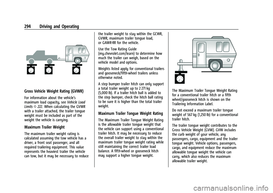 CHEVROLET SILVERADO 1500 2022 Owners Manual Chevrolet Silverado 1500 Owner Manual (GMNA-Localizing-U.S./Canada/
Mexico/Paraguay-14632303) - 2021 - CRC - 11/9/20
294 Driving and Operating
Gross Vehicle Weight Rating (GVWR)
For information about CHEVROLET SILVERADO 1500 2022 Owners Manual Chevrolet Silverado 1500 Owner Manual (GMNA-Localizing-U.S./Canada/
Mexico/Paraguay-14632303) - 2021 - CRC - 11/9/20
294 Driving and Operating
Gross Vehicle Weight Rating (GVWR)
For information about