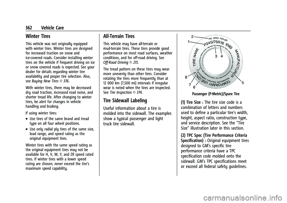 CHEVROLET SILVERADO 1500 2022  Owners Manual Chevrolet Silverado 1500 Owner Manual (GMNA-Localizing-U.S./Canada/
Mexico/Paraguay-14632303) - 2021 - CRC - 11/9/20
362 Vehicle Care
Winter Tires
This vehicle was not originally equipped
with winter 