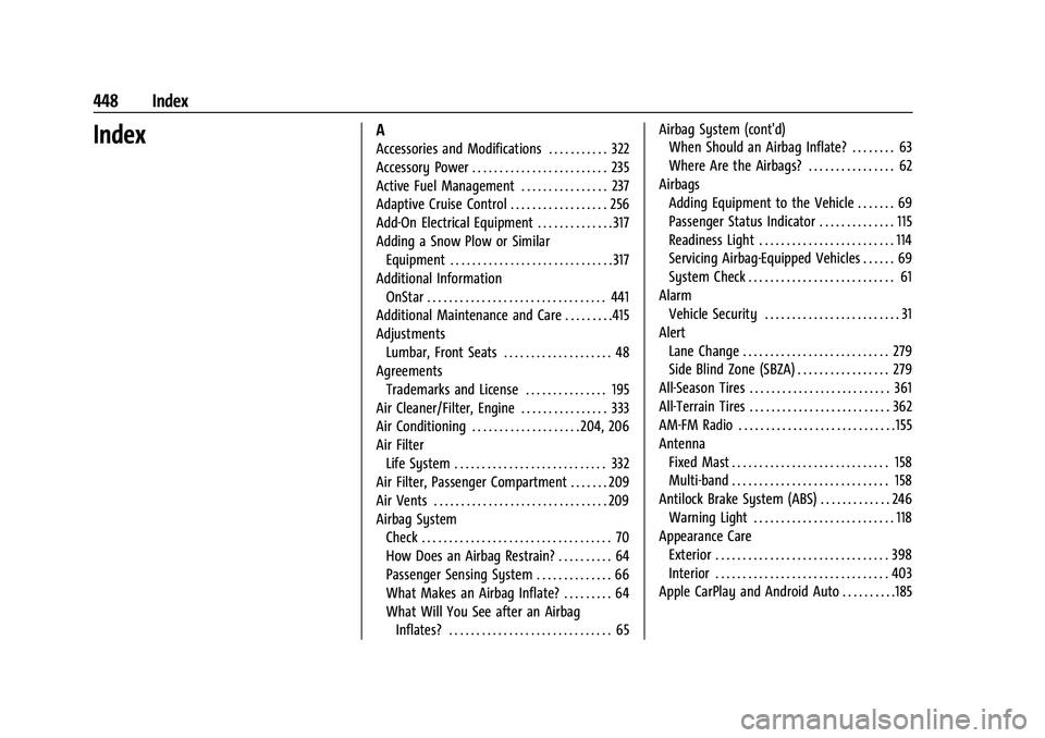 CHEVROLET SILVERADO 1500 2022  Owners Manual Chevrolet Silverado 1500 Owner Manual (GMNA-Localizing-U.S./Canada/-
Mexico/Paraguay-14632303) - 2021 - CRC - 11/9/20
448 Index
IndexA
Accessories and Modifications . . . . . . . . . . . 322
Accessory